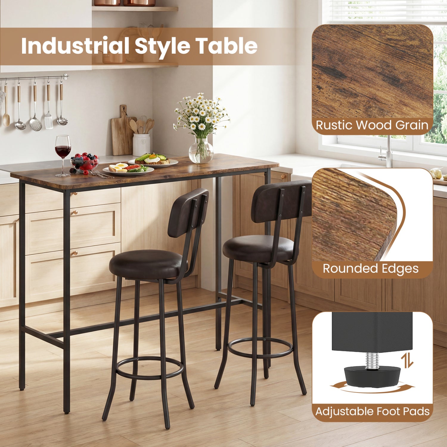 3-Piece Industrial Bar Table Set, 2 Upholstered Stools, Brown Dining Room Sets at Gallery Canada