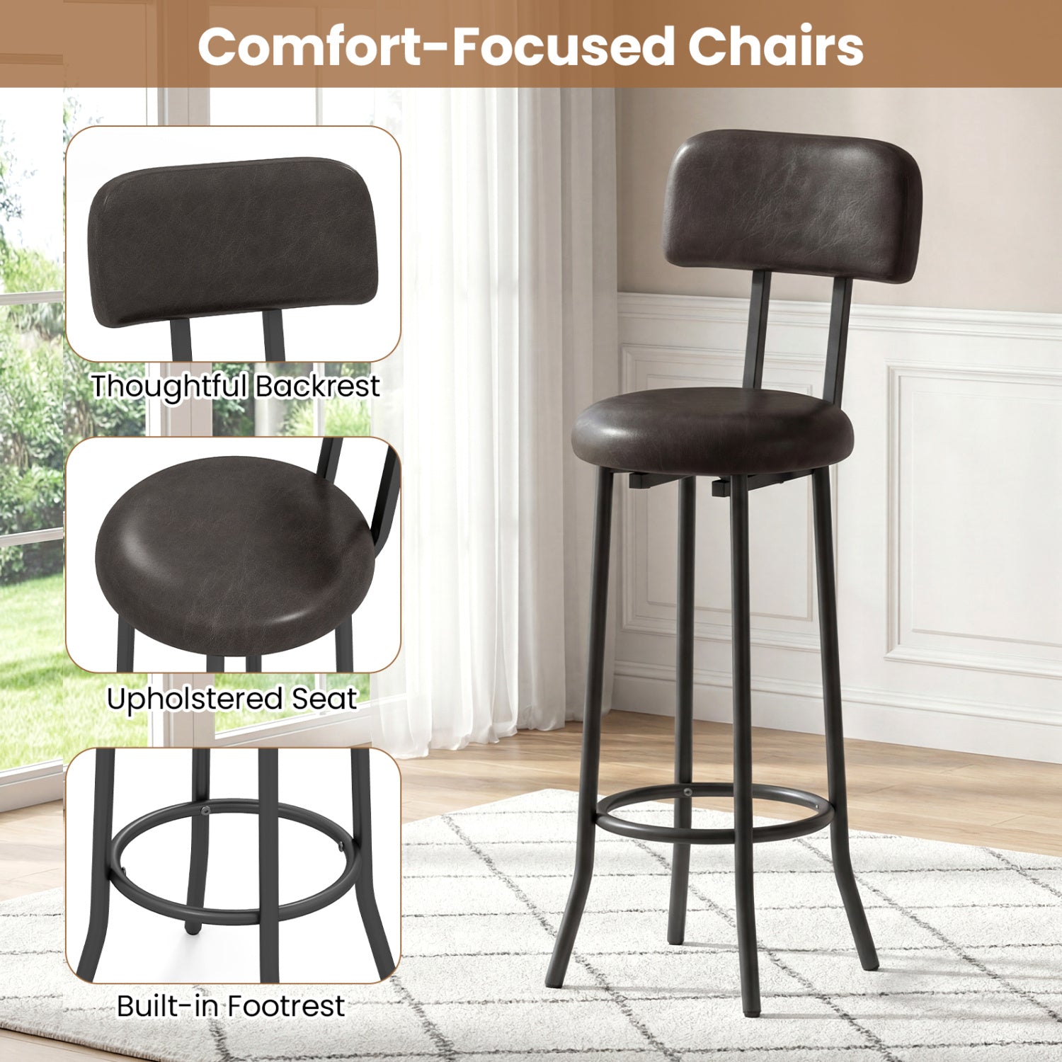 3-Piece Industrial Bar Table Set, 2 Upholstered Stools, Brown Dining Room Sets at Gallery Canada