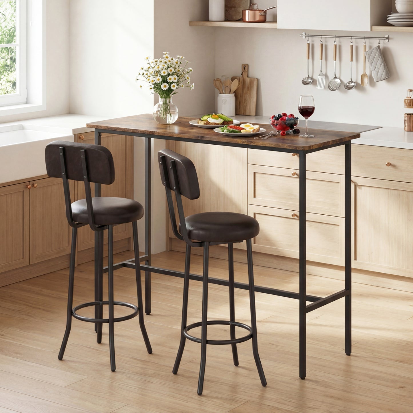 3-Piece Industrial Bar Table Set, 2 Upholstered Stools, Brown Dining Room Sets at Gallery Canada
