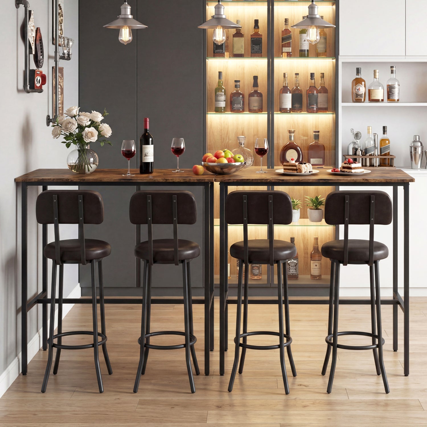 3-Piece Industrial Bar Table Set, 2 Upholstered Stools, Brown Dining Room Sets at Gallery Canada