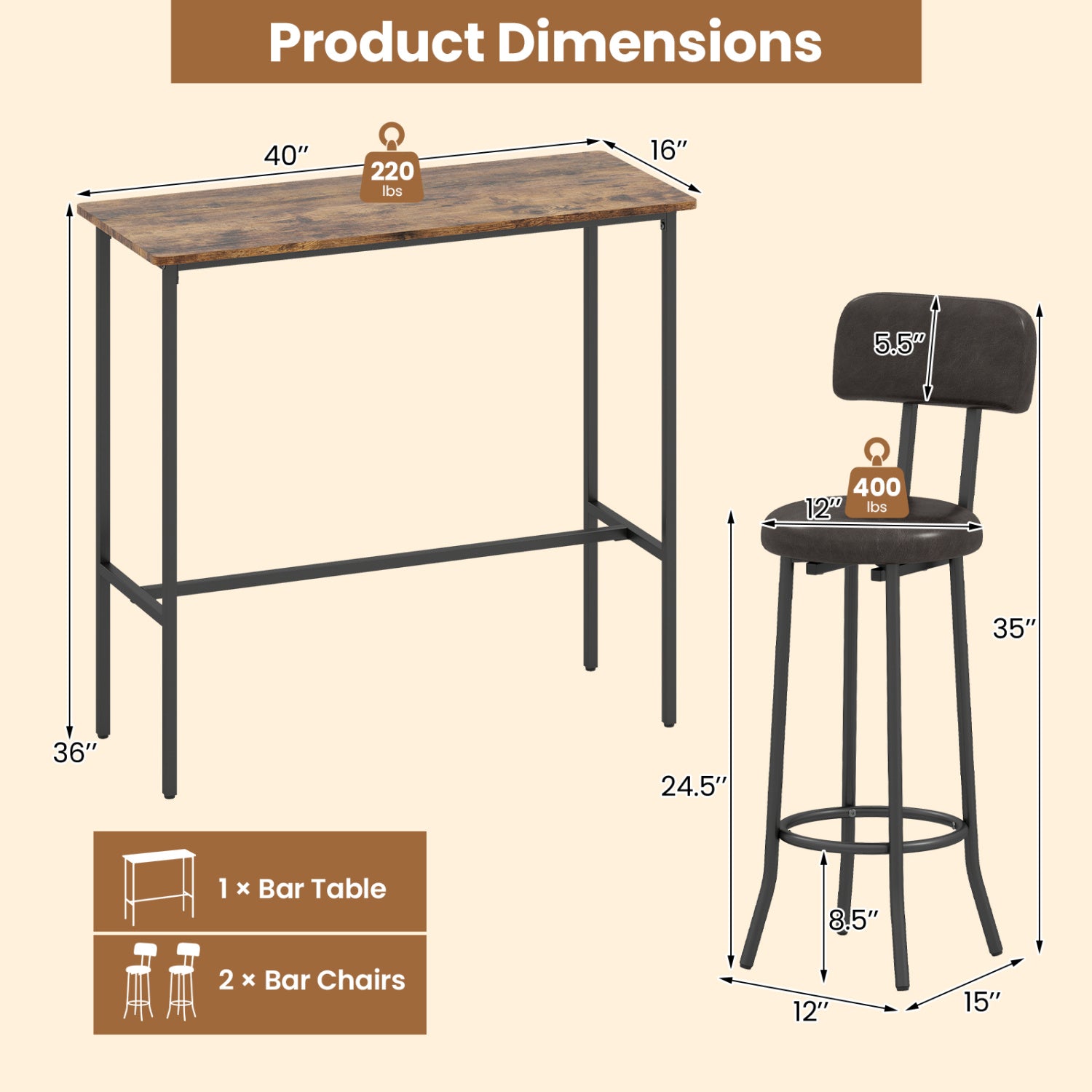 3-Piece Industrial Bar Table Set, 2 Upholstered Stools, Brown Dining Room Sets at Gallery Canada