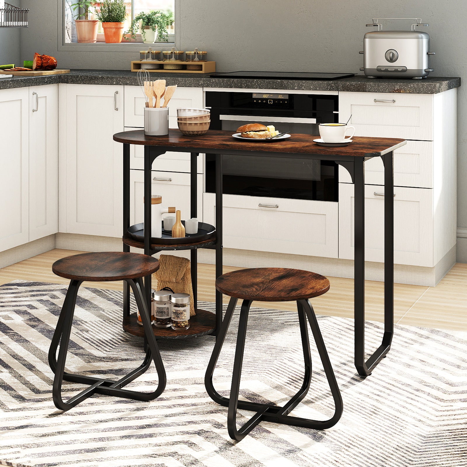 3-Piece Industrial Dining Table Set for Small Space, Rustic Brown