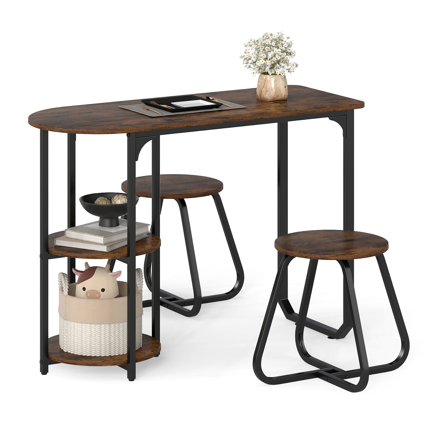 3-Piece Industrial Dining Table Set for Small Space, Rustic Brown
