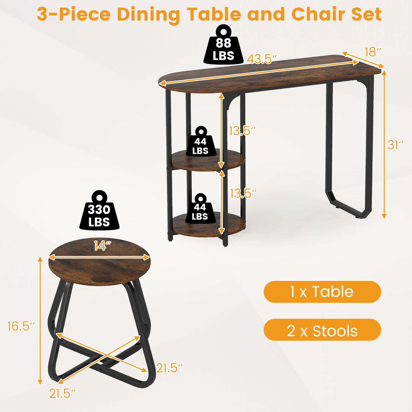 3-Piece Industrial Dining Table Set for Small Space, Rustic Brown