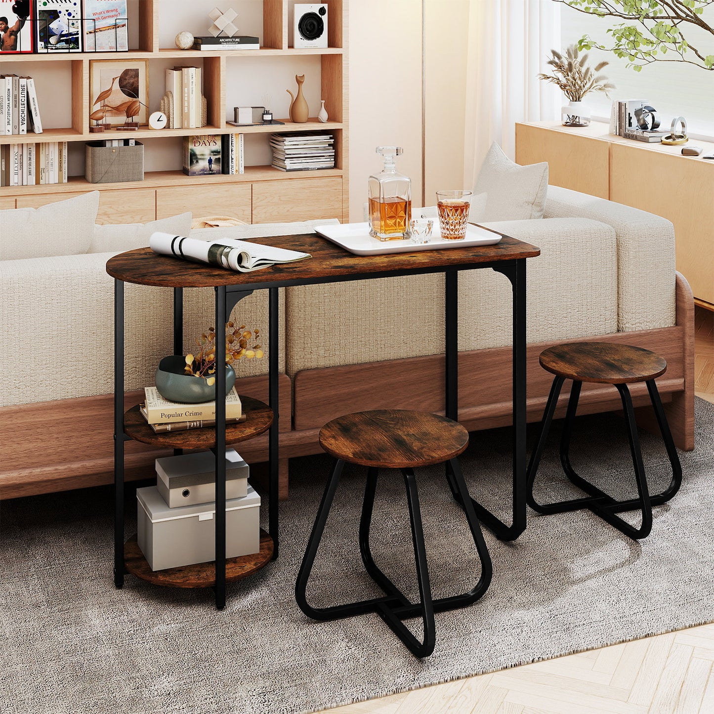 3-Piece Industrial Dining Table Set for Small Space, Rustic Brown