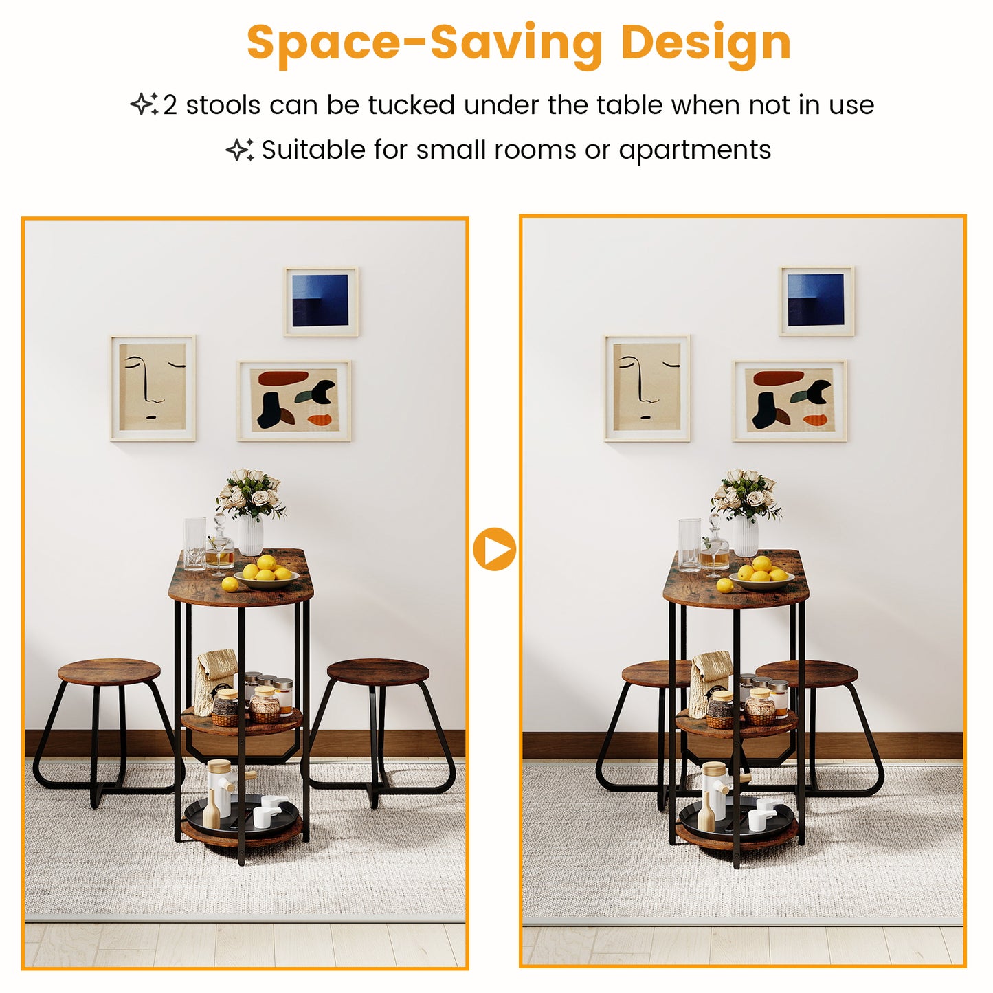 3-Piece Industrial Dining Table Set for Small Space, Rustic Brown