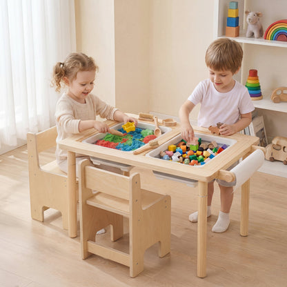 Ensemble de table d'activités et de chaise pour enfants 3 pièces, hauteur réglable, naturel