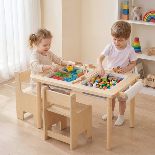 3-Piece Kids Activity Table & Chair Set, Adjustable Height, Natural