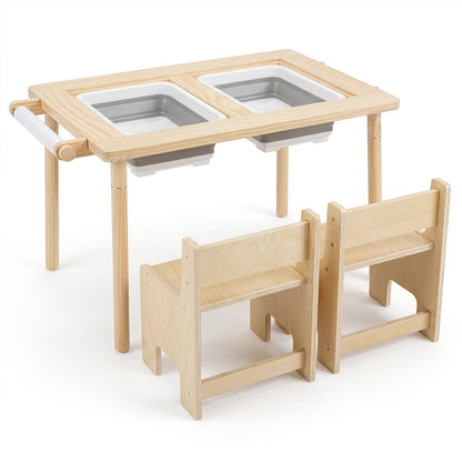 Ensemble de table d'activités et de chaise pour enfants 3 pièces, hauteur réglable, naturel