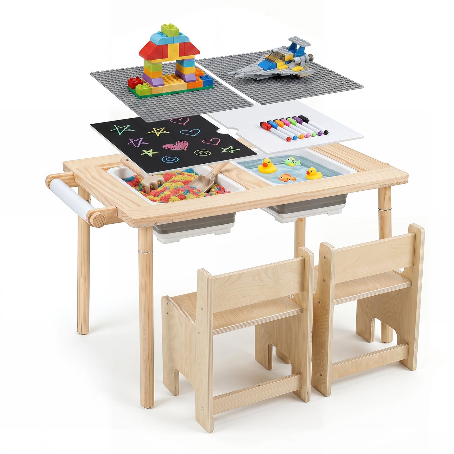 Ensemble de table d'activités et de chaise pour enfants 3 pièces, hauteur réglable, naturel