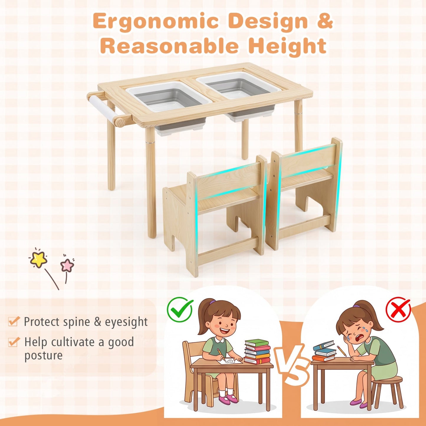Ensemble de table d'activités et de chaise pour enfants 3 pièces, hauteur réglable, naturel
