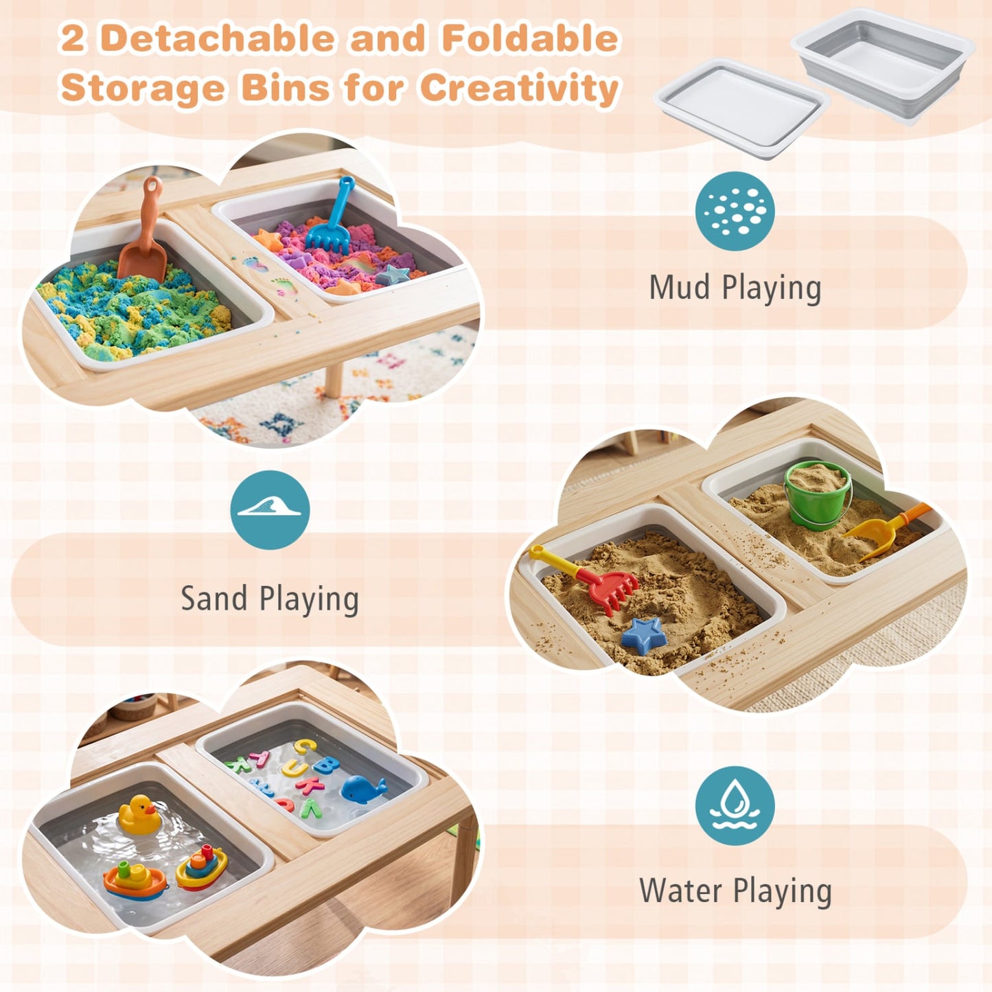 Ensemble de table d'activités et de chaise pour enfants 3 pièces, hauteur réglable, naturel