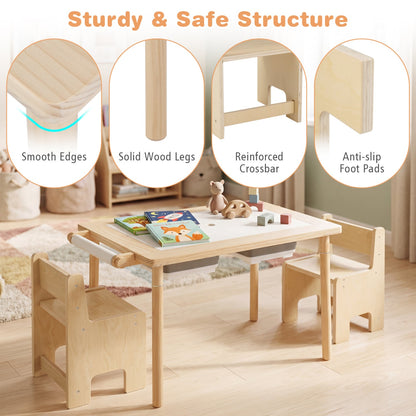 Ensemble de table d'activités et de chaise pour enfants 3 pièces, hauteur réglable, naturel