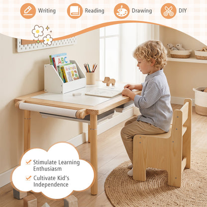 Ensemble de table d'activités et de chaise pour enfants 3 pièces, hauteur réglable, naturel
