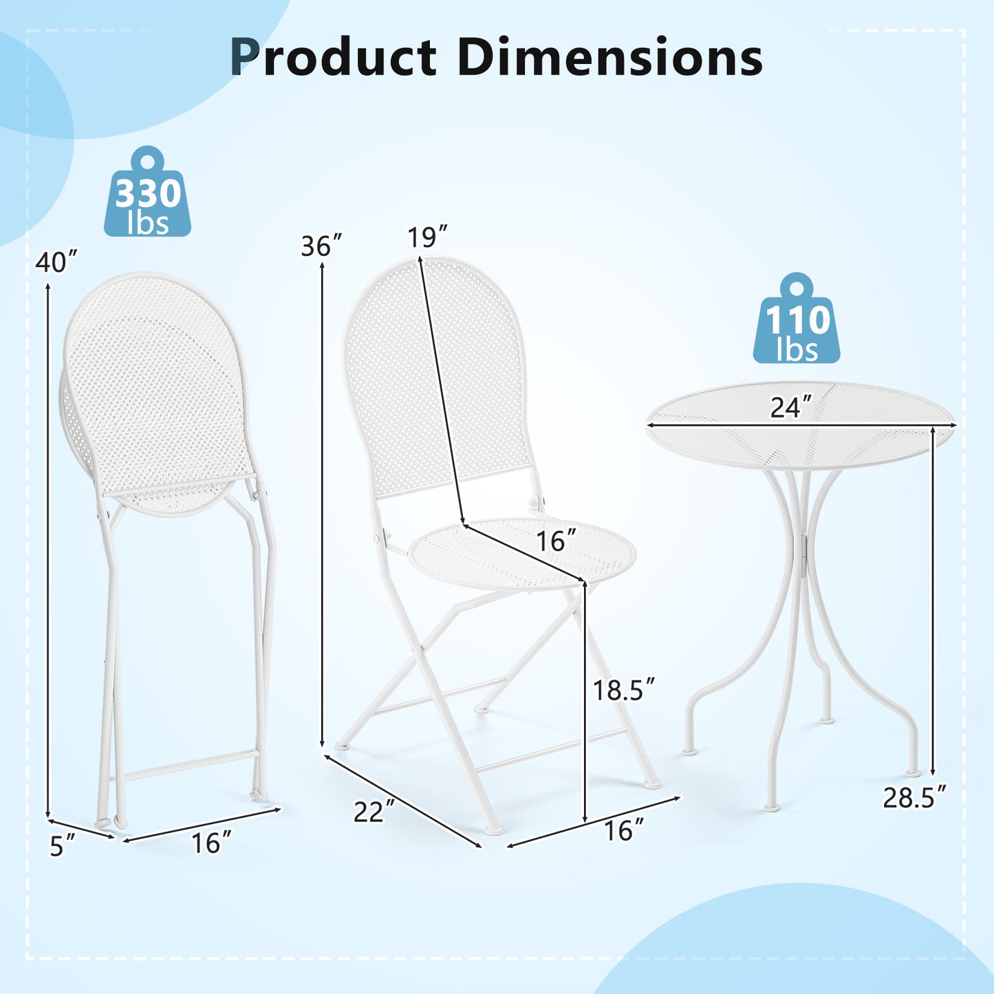3 Piece Metal Bistro Table And 2 Folding Chairs Set, White Patio Dining Sets at Gallery Canada