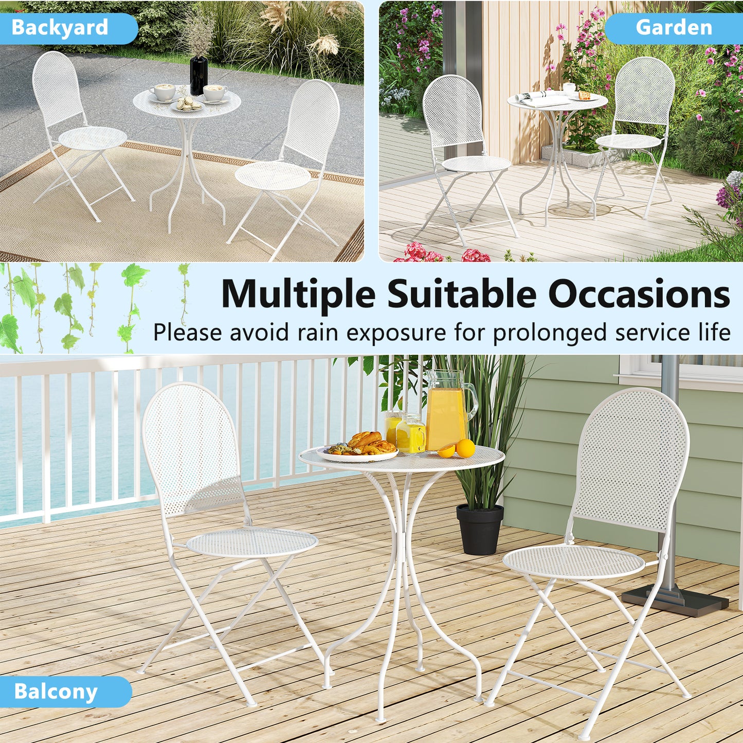 3 Piece Metal Bistro Table And 2 Folding Chairs Set, White Patio Dining Sets at Gallery Canada