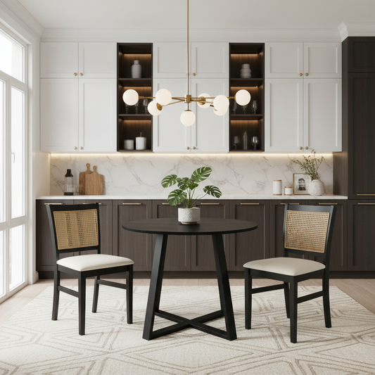 3-Piece Mid-Century Dining Set with 36” Round Pedestal Table and 2 Farmhouse Rattan Dining Chairs Dining Room Sets Options at Gallery Canada