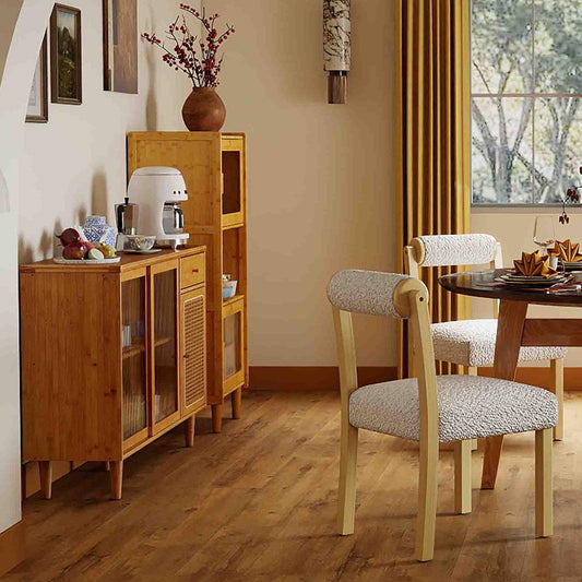 3-Piece Modern Dining Room Set: Wooden Dining Chairs + Bamboo Sideboard Cabinet + Tall Storage Cabinet, Natural