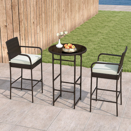3 Piece Outdoor Bar Set with 2 Seat Cushions for Porch Yard, White