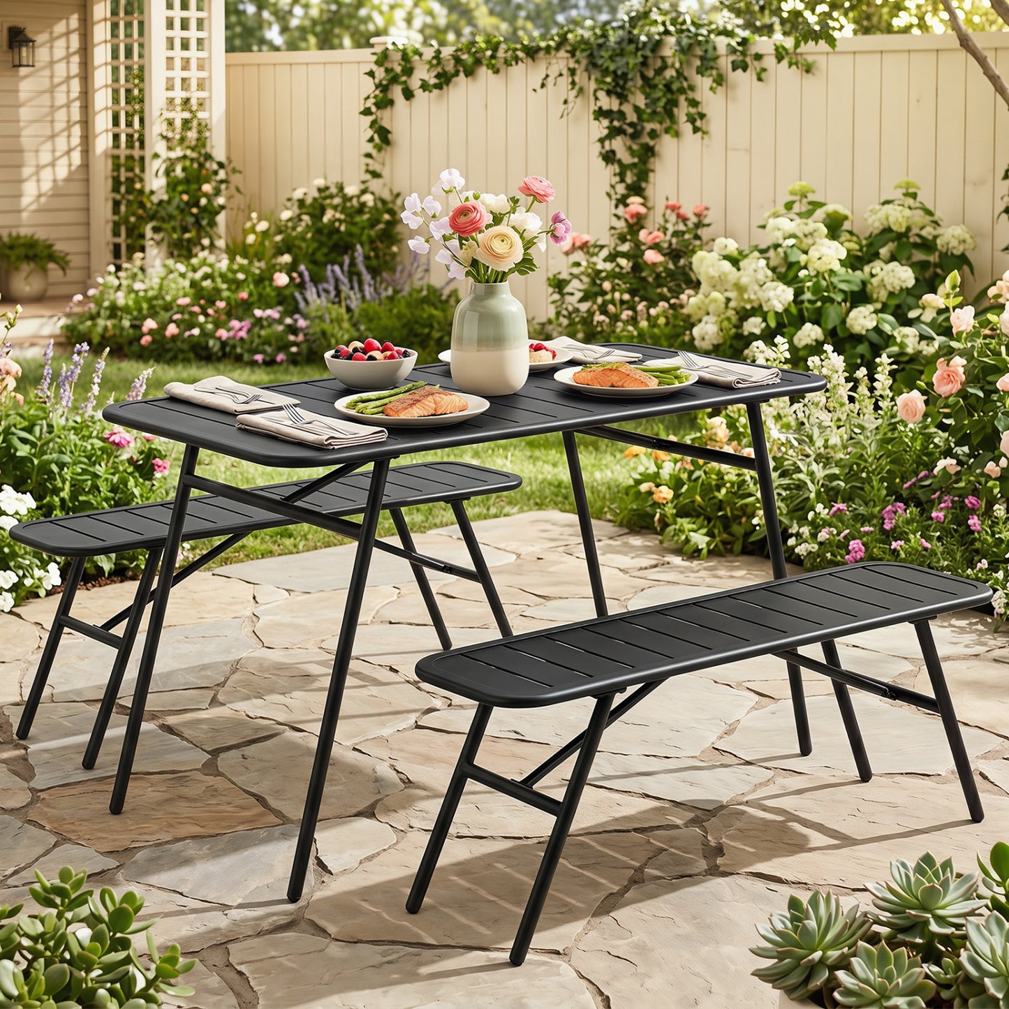3-Piece Outdoor Dining Set with Coffee Table, 2 Benches, Black Patio Dining Sets at Gallery Canada