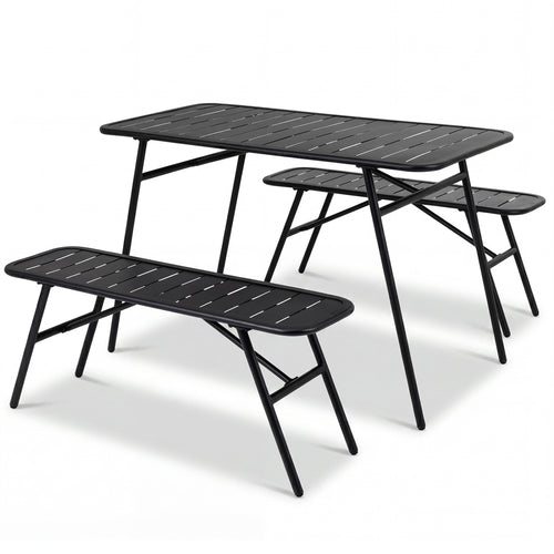3-Piece Outdoor Dining Set with Coffee Table, 2 Benches, Black