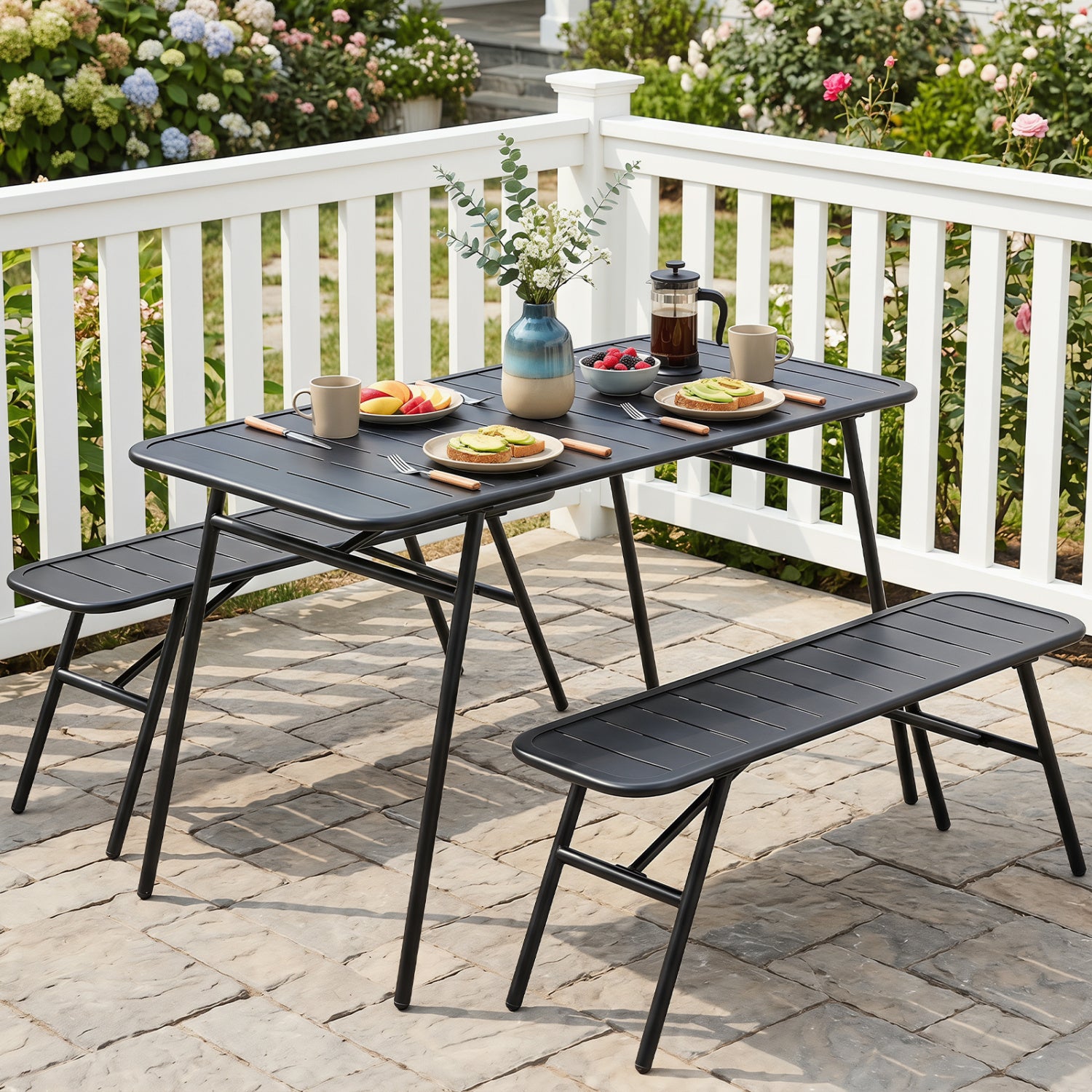 3-Piece Outdoor Dining Set with Coffee Table, 2 Benches, Black Patio Dining Sets at Gallery Canada