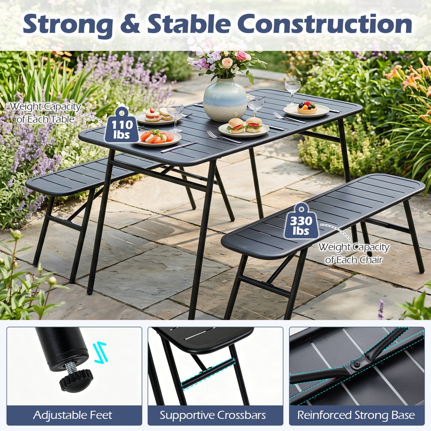 3-Piece Outdoor Dining Set with Coffee Table, 2 Benches, Black Patio Dining Sets at Gallery Canada