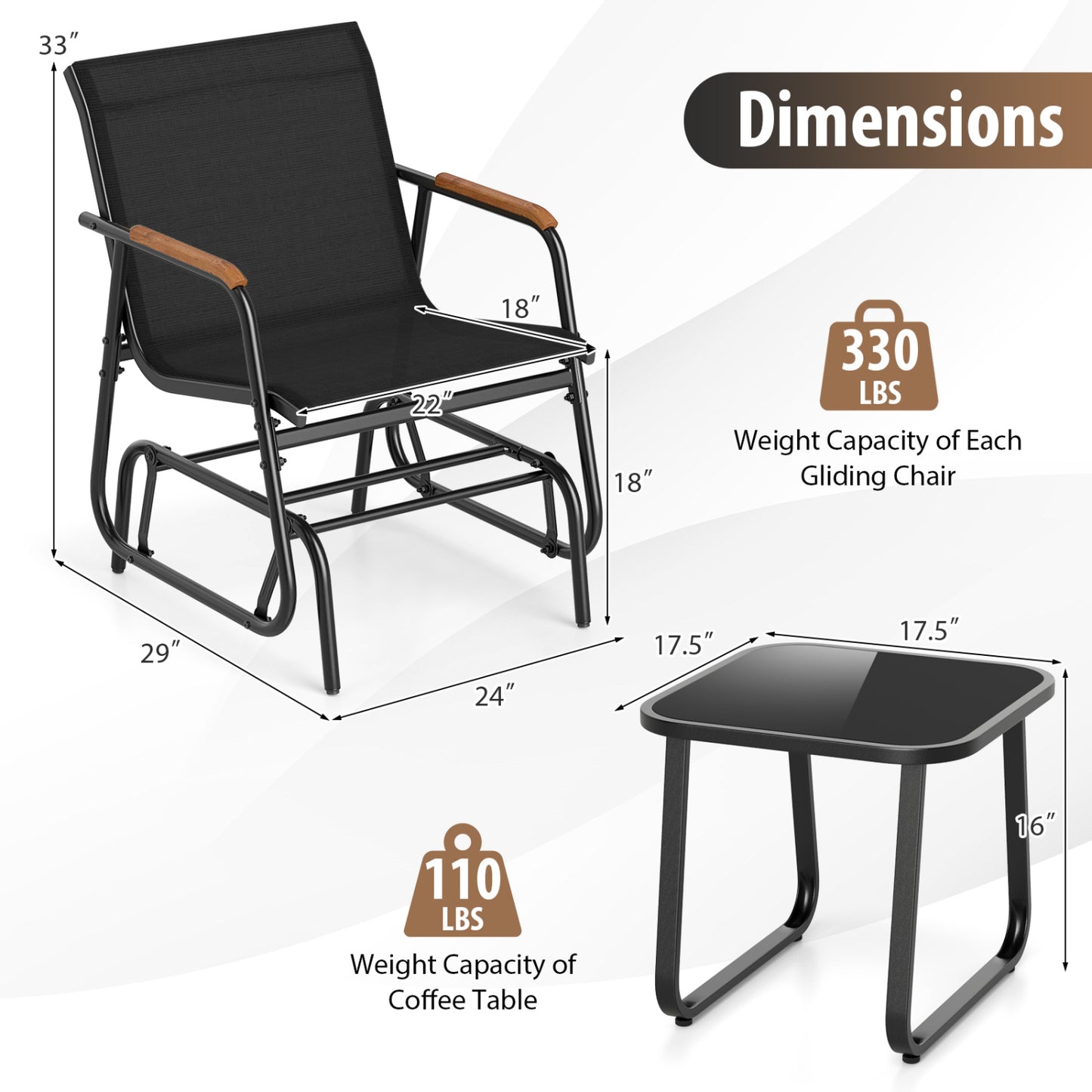 3-Piece Outdoor Glider Bistro Set, Black