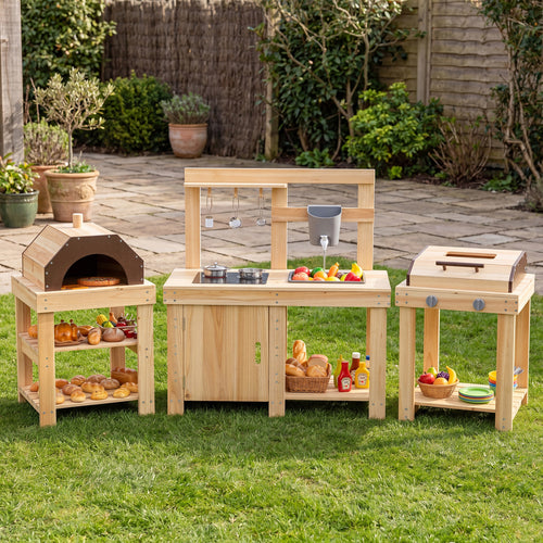 3-Piece Outdoor Kitchen Set, Mud Kitchen, BBQ Grill, Pizza Oven, Natural