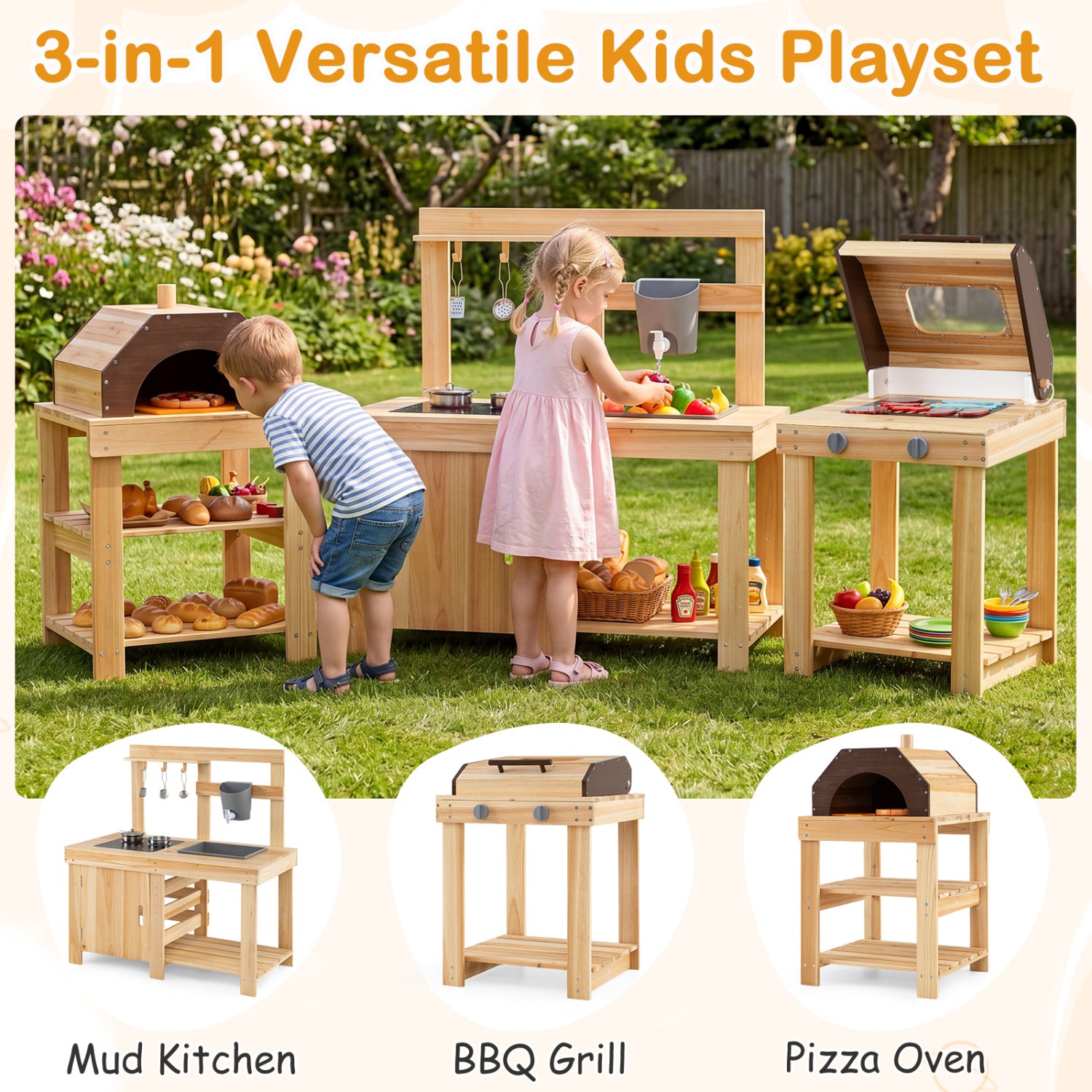 3-Piece Outdoor Kitchen Set, Mud Kitchen, BBQ Grill, Pizza Oven, Natural Play Kitchen Sets at Gallery Canada
