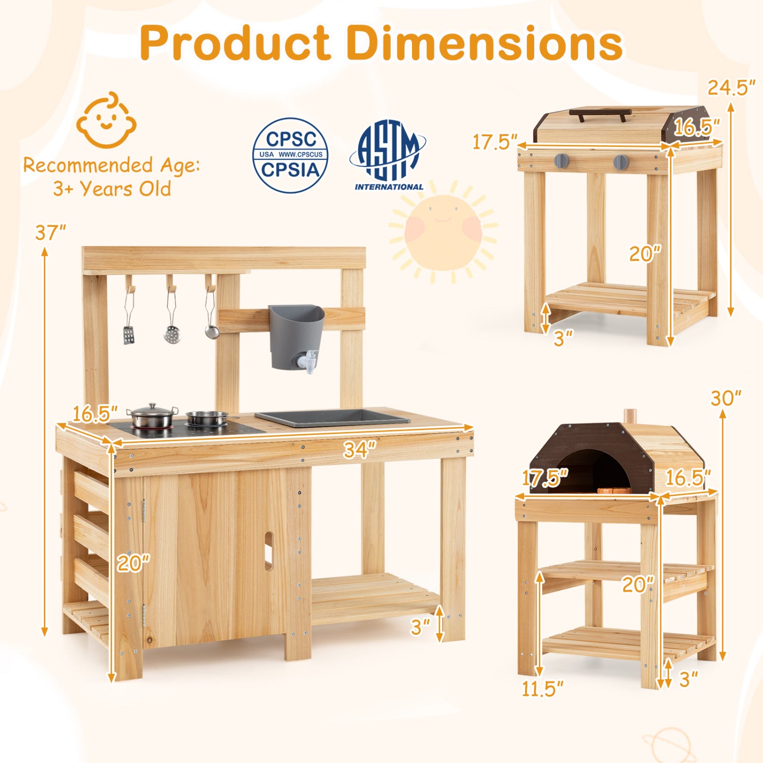 3-Piece Outdoor Kitchen Set, Mud Kitchen, BBQ Grill, Pizza Oven, Natural Play Kitchen Sets at Gallery Canada