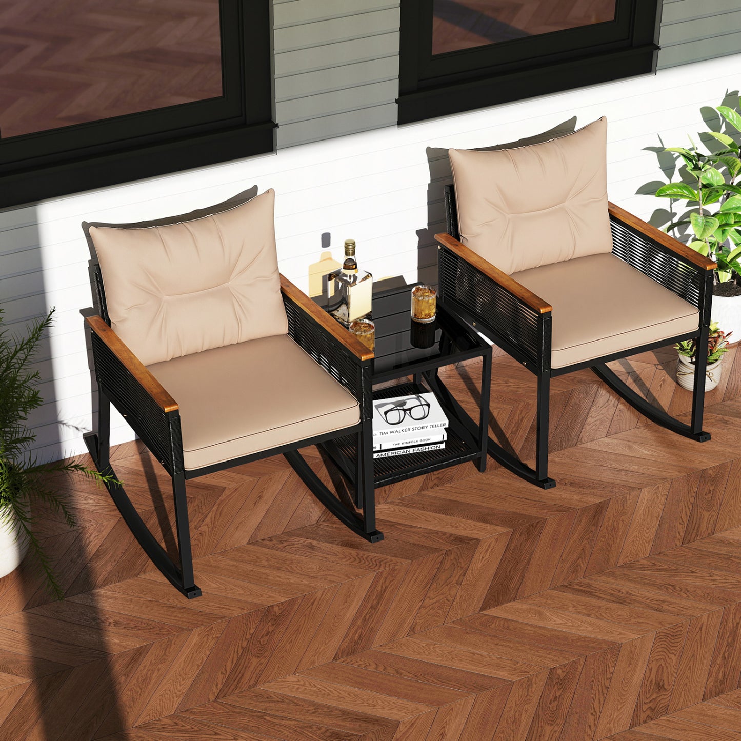Outdoor PE Rattan Rocking Bistro Set, 2-Tier Coffee Table, Brown