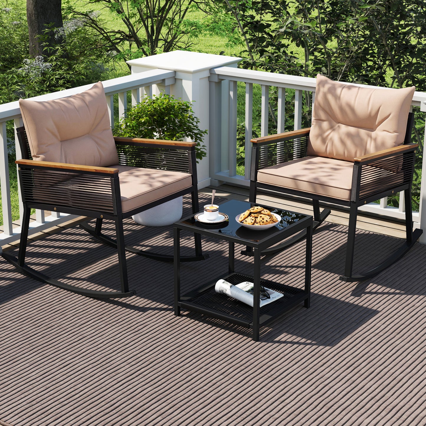 Outdoor PE Rattan Rocking Bistro Set, 2-Tier Coffee Table, Brown