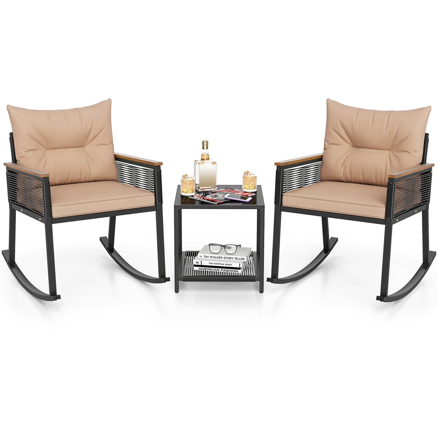 Outdoor PE Rattan Rocking Bistro Set, 2-Tier Coffee Table, Brown