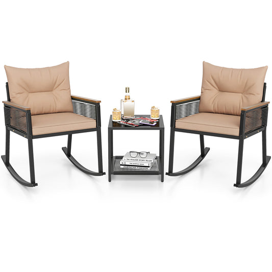 Outdoor PE Rattan Rocking Bistro Set, 2-Tier Coffee Table, Brown Patio Furniture Sets Brown at Gallery Canada