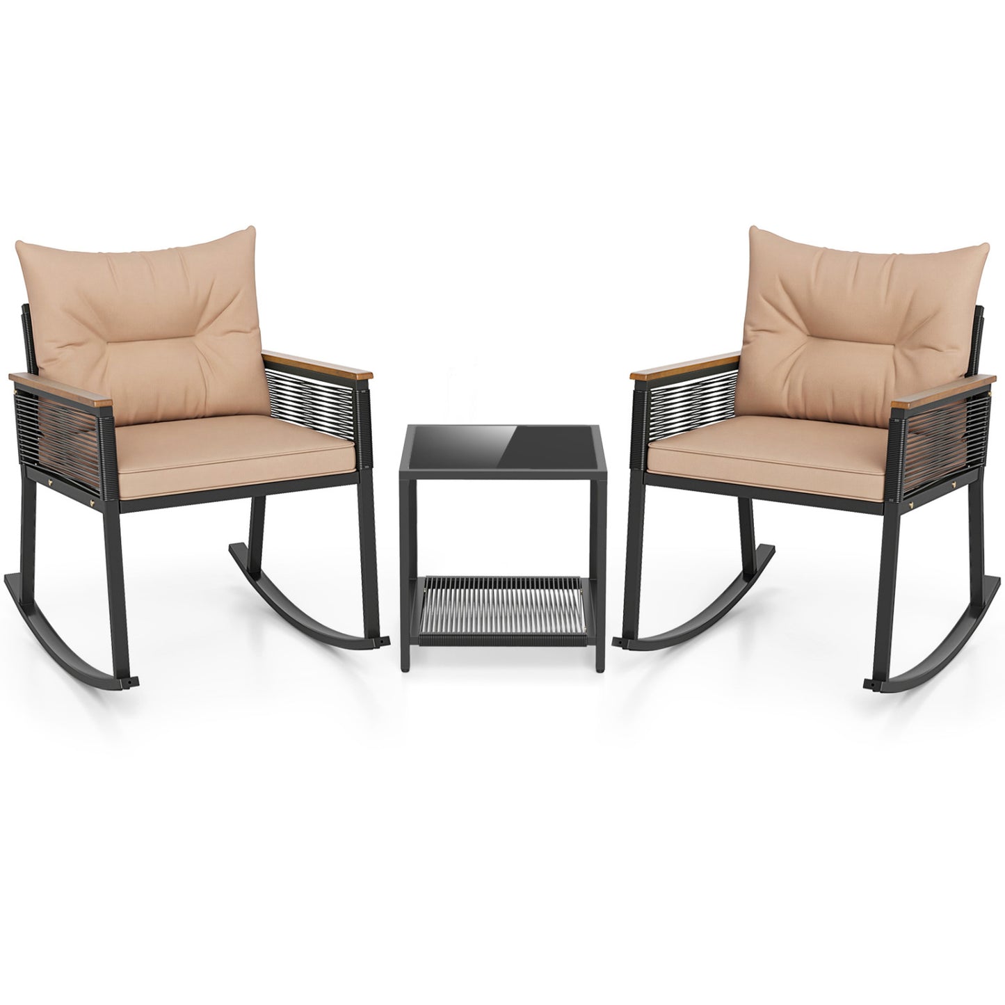 Outdoor PE Rattan Rocking Bistro Set, 2-Tier Coffee Table, Brown