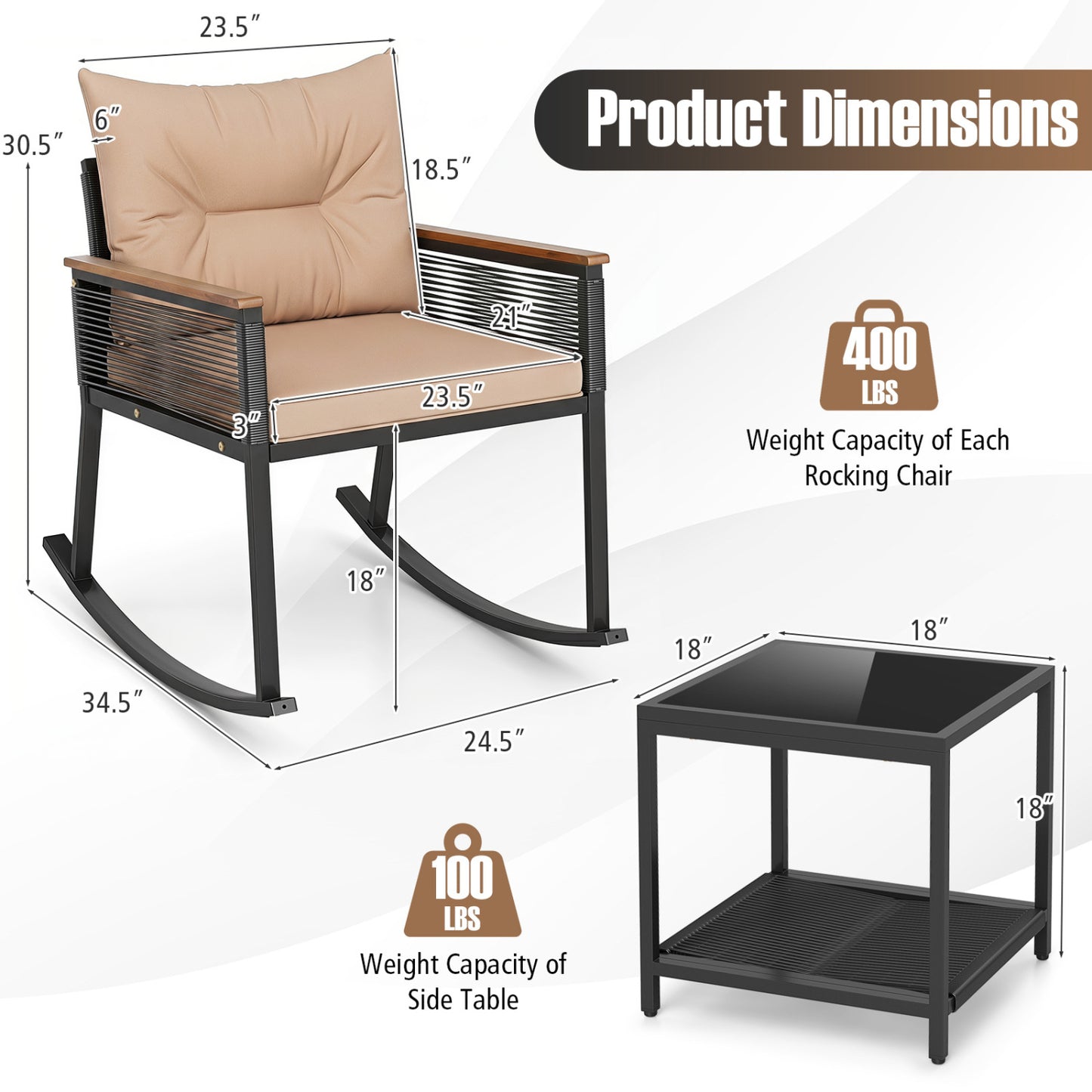 Outdoor PE Rattan Rocking Bistro Set, 2-Tier Coffee Table, Brown