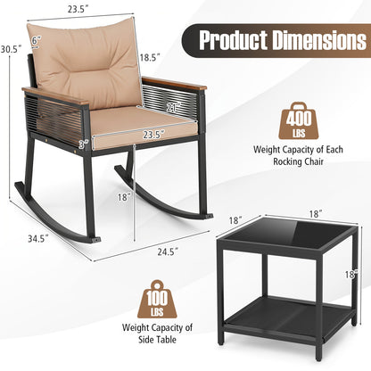 Outdoor PE Rattan Rocking Bistro Set, 2-Tier Coffee Table, Brown