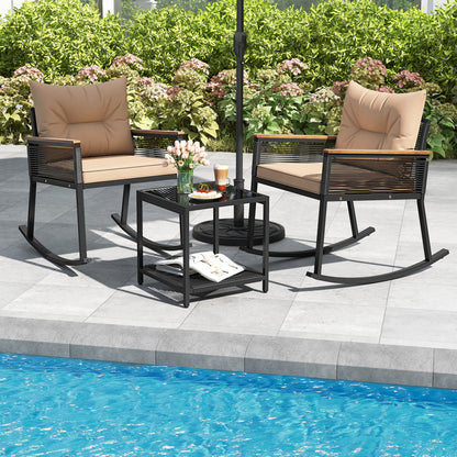Outdoor PE Rattan Rocking Bistro Set, 2-Tier Coffee Table, Brown