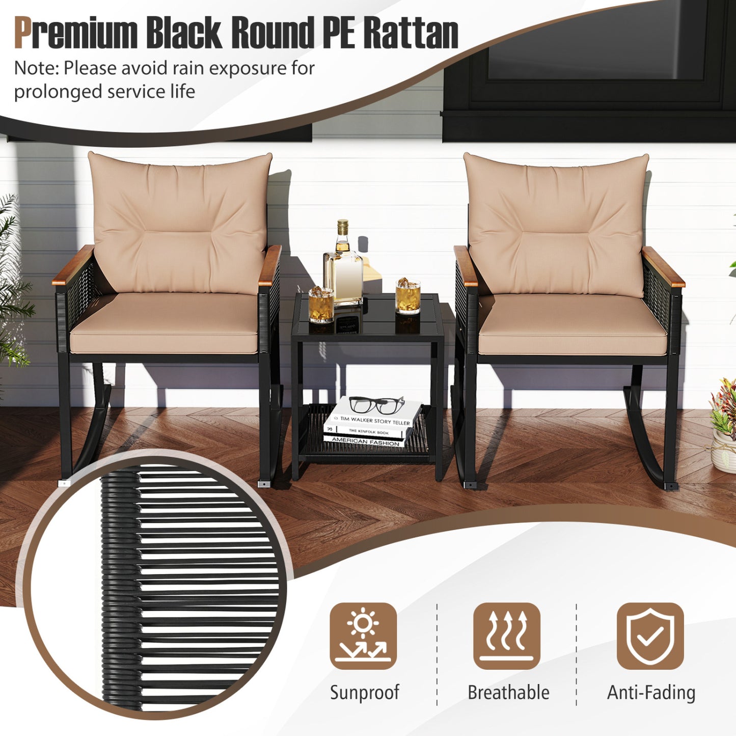 Outdoor PE Rattan Rocking Bistro Set, 2-Tier Coffee Table, Brown