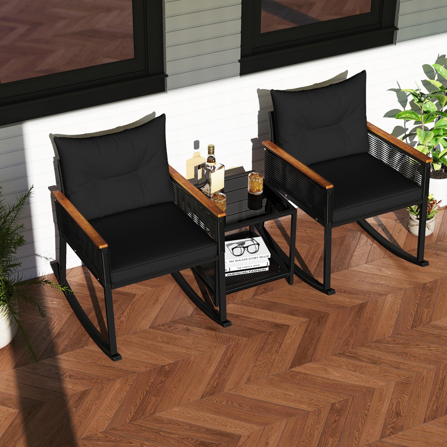 3-Piece Outdoor Rattan Bistro Set, Black