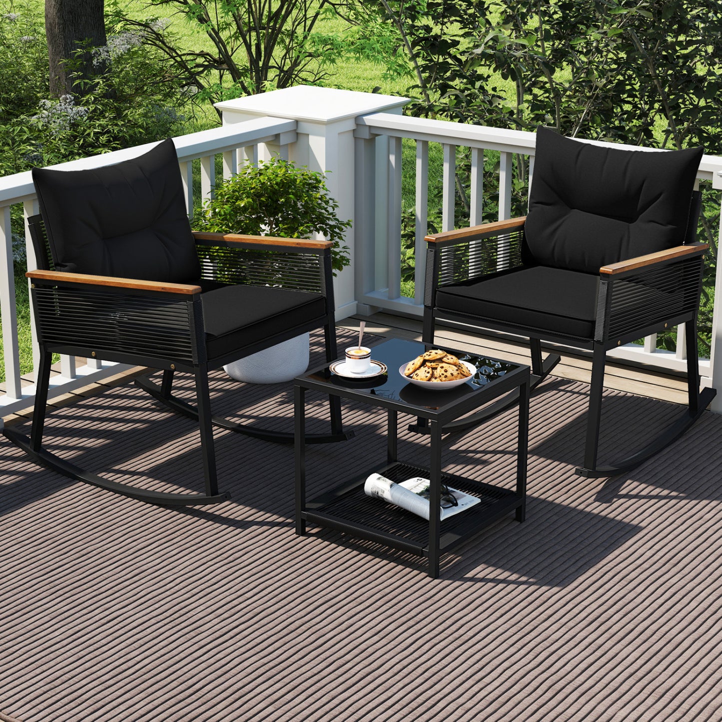 3-Piece Outdoor Rattan Bistro Set, Black