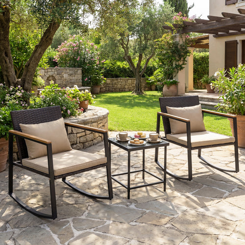 3-Piece Outdoor Rocking Bistro Set with Soft Cushions & Tempered Glass Table-Brown & Black