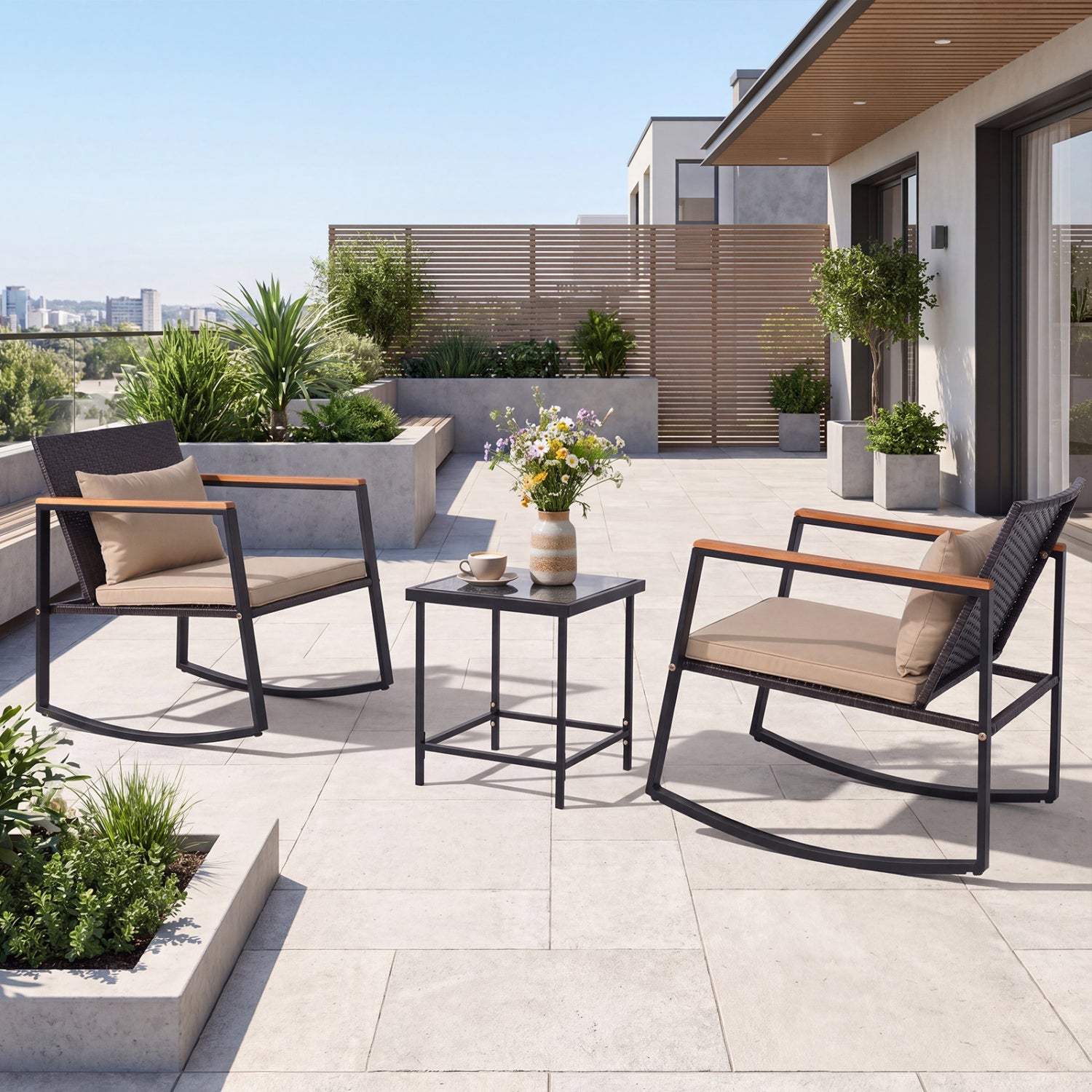 3-Piece Outdoor Rocking Bistro Set with Soft Cushions & Tempered Glass Table-Brown & Black Patio Furniture Sets at Gallery Canada