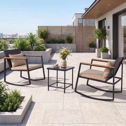 3-Piece Outdoor Rocking Bistro Set with Soft Cushions & Tempered Glass Table-Brown & Black Patio Furniture Sets at Gallery Canada