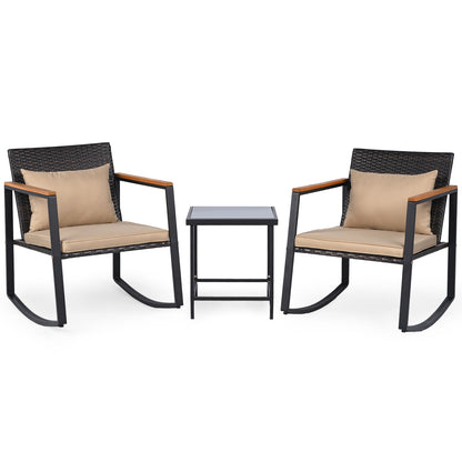 3-Piece Outdoor Rocking Bistro Set with Soft Cushions & Tempered Glass Table-Brown & Black Patio Furniture Sets Mixed Brown + Brown + Black/Brown + Black/Black at Gallery Canada