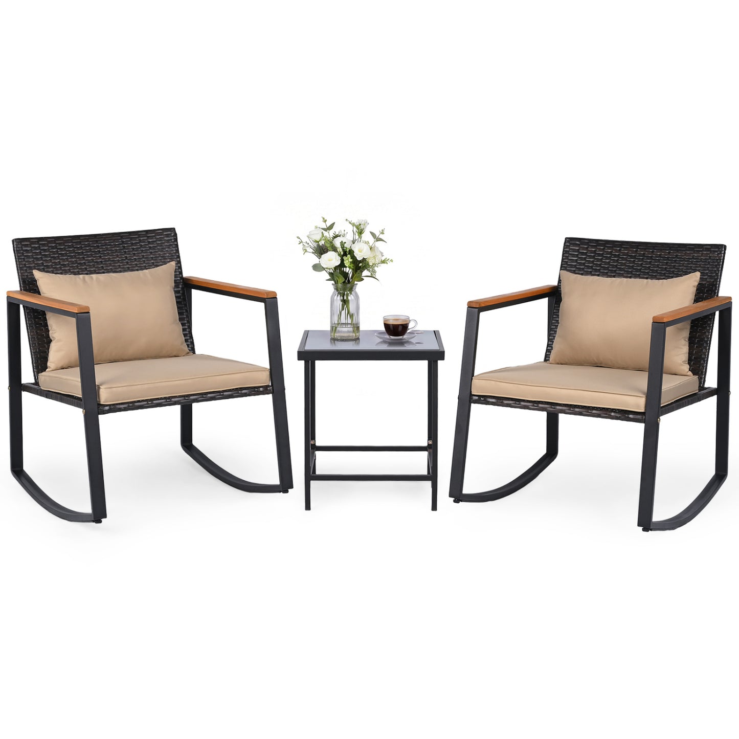 3-Piece Outdoor Rocking Bistro Set with Soft Cushions & Tempered Glass Table-Brown & Black Patio Furniture Sets at Gallery Canada