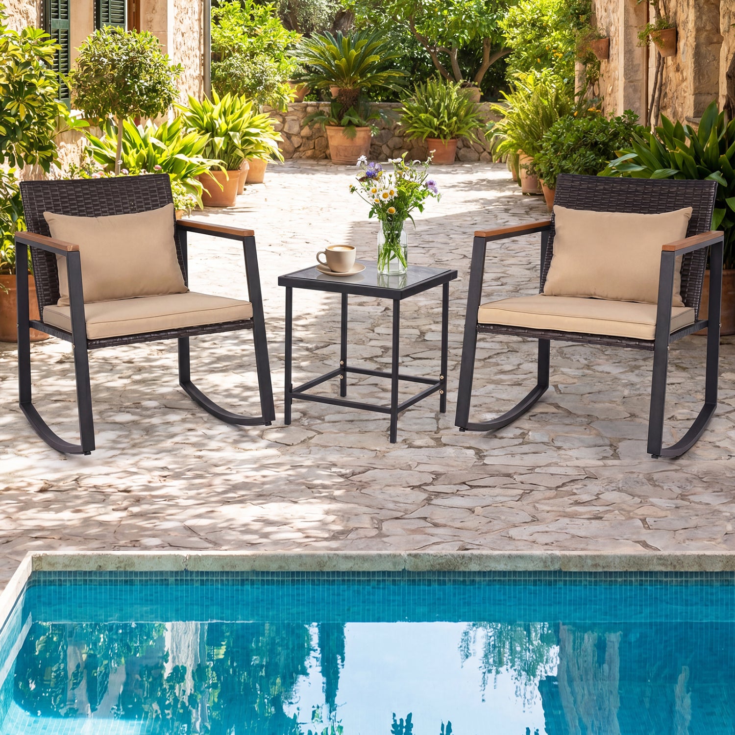 3-Piece Outdoor Rocking Bistro Set with Soft Cushions & Tempered Glass Table-Brown & Black Patio Furniture Sets at Gallery Canada