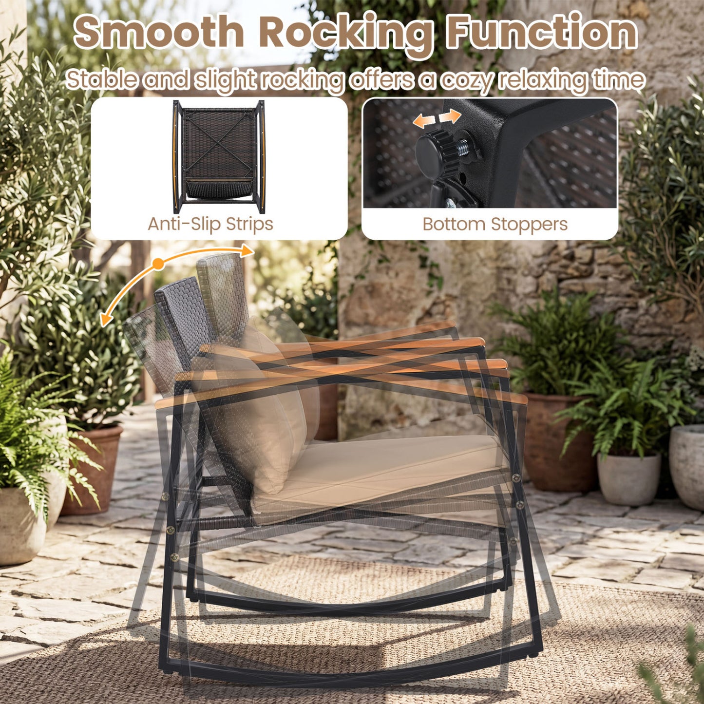 3-Piece Outdoor Rocking Bistro Set with Soft Cushions & Tempered Glass Table-Brown & Black Patio Furniture Sets at Gallery Canada