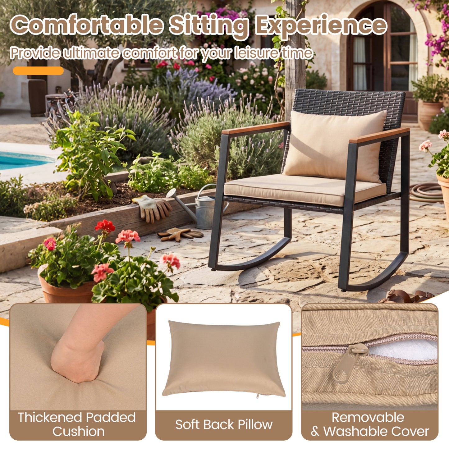 3-Piece Outdoor Rocking Bistro Set with Soft Cushions & Tempered Glass Table-Brown & Black Patio Furniture Sets at Gallery Canada